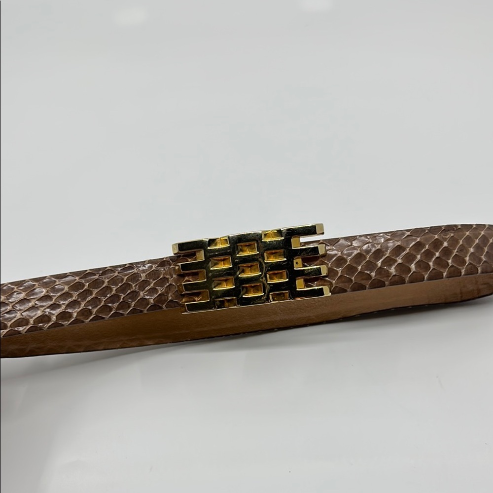 Vtg Abbe Creation Brown Snakeskin Waist Belt with Gold Buckle, Sz Small